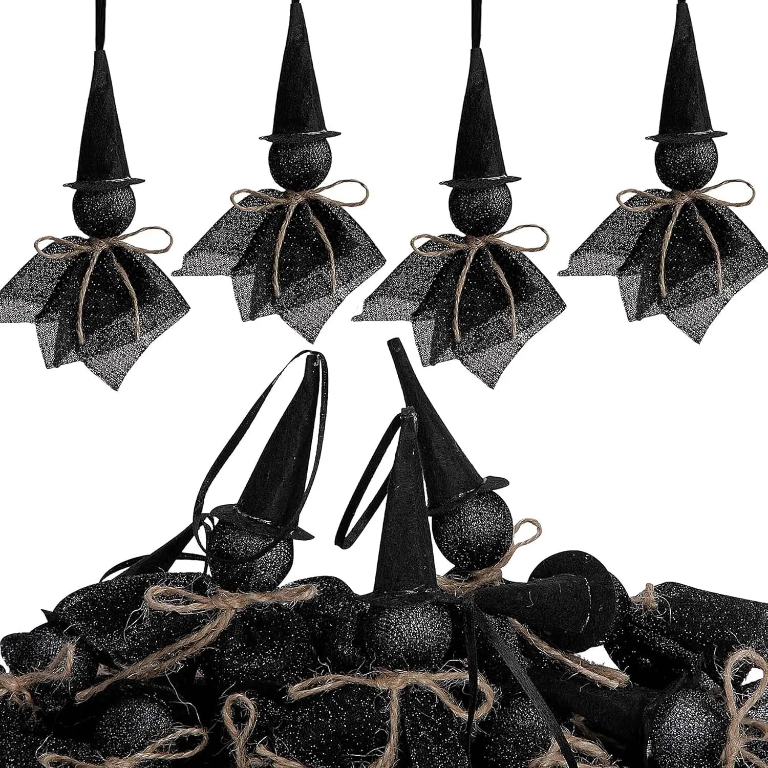 16 count Halloween   Decor, 5" x 3.5" Outdoor Spooky  Pendant Tree Ornaments, Halloween Decoration Black Gauze Witches with Hat for Yard Lawn Garden Haunted House Party Decor