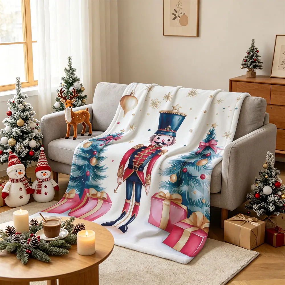 1 Piece of Nutcracker Christmas Gift Pattern Flannel Blanket, Machine Washable, All Season Use, Ideal for Office, Camping, Sofa Throw, Perfect Christmas Gift