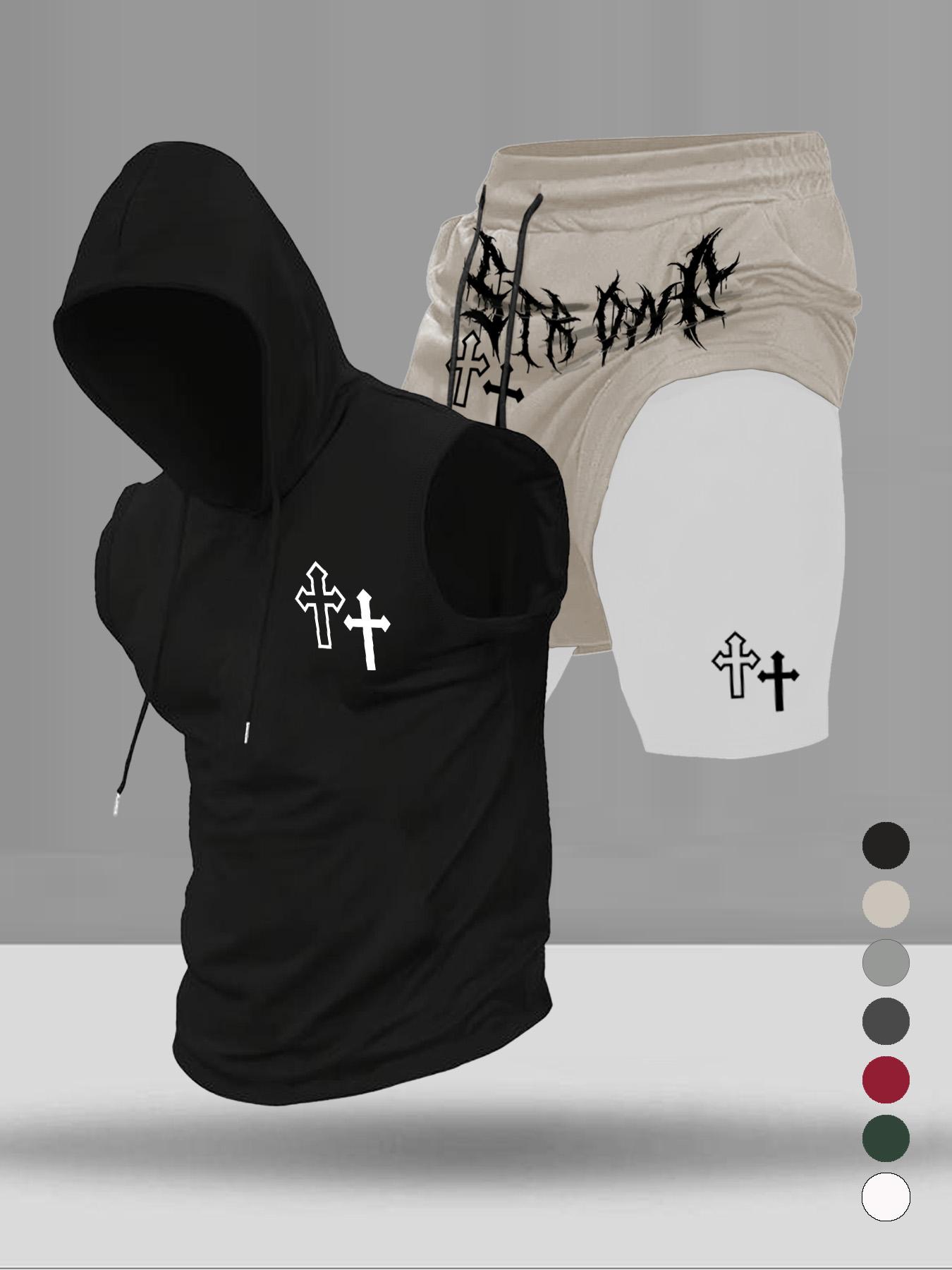 Men's Graphic Print Two-Piece Set, Stylish Hooded Sleeveless Vest and Drawstring Pocket Shorts, Summer Casual Wear for Sports and Daily Use