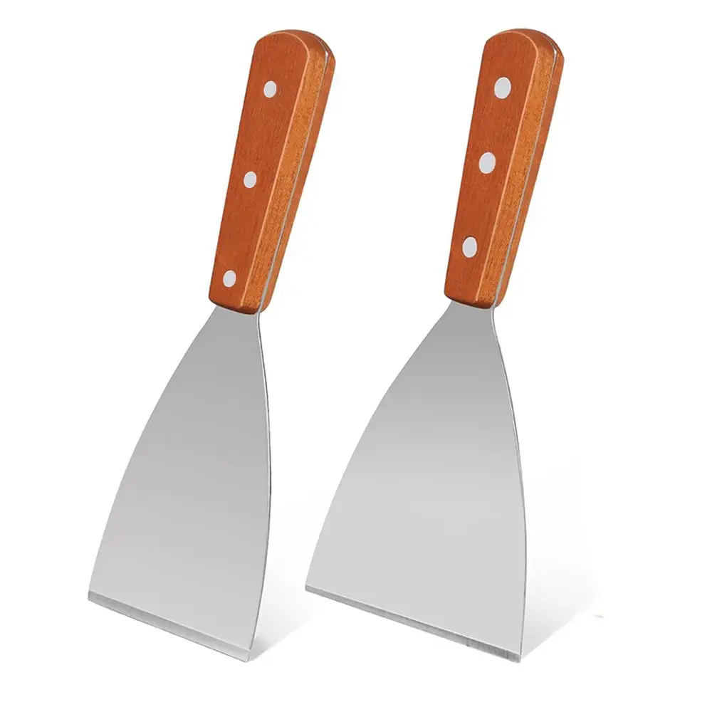 2pcs Wooden Handle Grill Scrapers, Stainless Steel Pizza Spatula, Steak Cooking Turner, Flat Top Griddle Tools, Barbecue Tool Sets, BBQ Kitchen Essentials