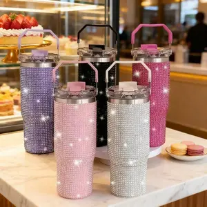 30 Oz Double-Layer Stainless Steel Insulated Cup With Leak Proof Lid And Straw Hole - Vacuum Insulated Cup Suitable For Hot And Cold Drinks, 30oz Hand-Held Diamond Cup, Travel, Office, Camping, Car - Elegant Sparkling Beverage Gift For Women/Men