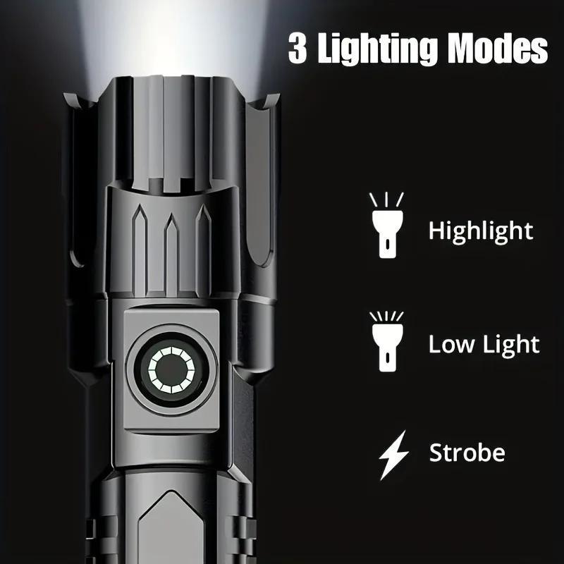 USB Rechargeable LED Flashlight, 1 Count Portable Zoom Flashlight, Multifunctional LED Flashlight for Camping, Hiking, Outdoor Camping Lighting