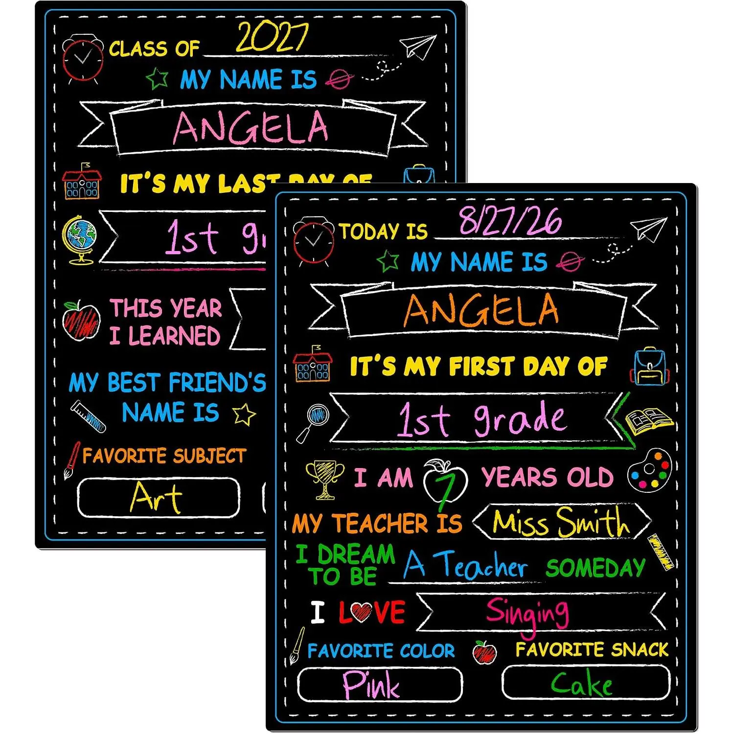 First & Last Day of School Chalkboard, Double Sided  School Sign | 14 X 11 In, Personalized Paper  to School Supplies, Easy Clean and Write, Blank School Sign for  Memories