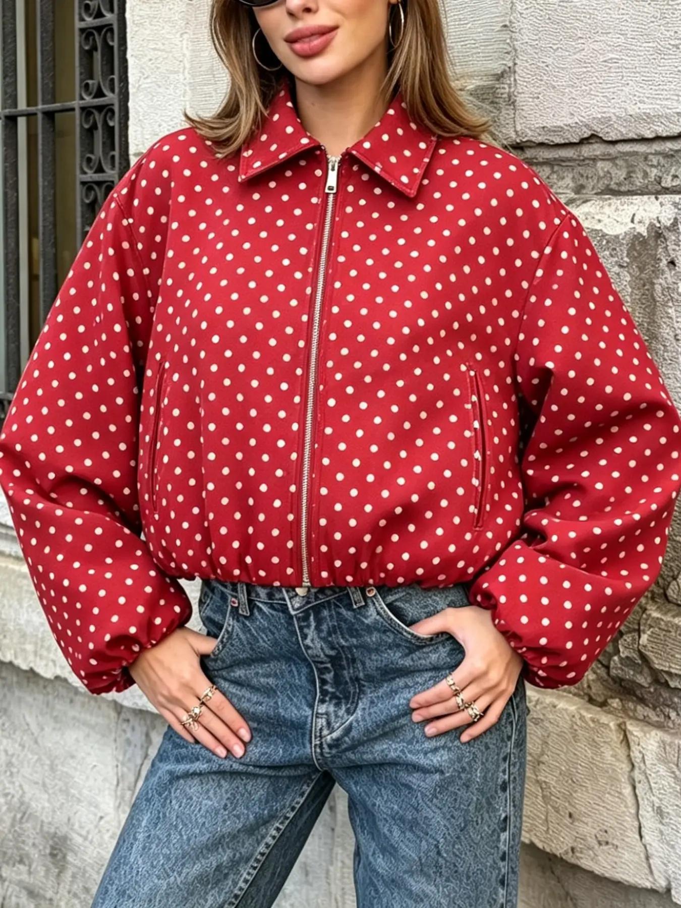 French Vintage Polka Dot Short Pilot Jacket, Women's Lapel Zipper Long Sleeve Casual Coat, Loose Fit Pocketed Top Aesthetic