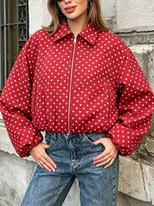 French Vintage Polka Dot Short Pilot Jacket, Women's Lapel Zipper Long Sleeve Casual Coat, Loose Fit Pocketed Top Aesthetic