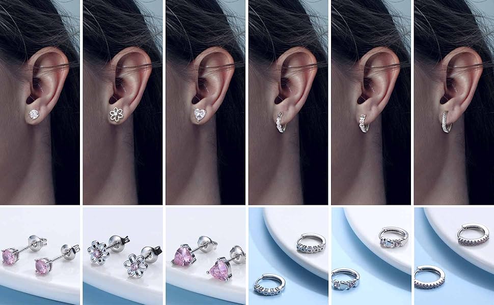 FIBO STEEL 6 Pairs Trend Small Stud Earrings for Women Girls 925 Sterling Silver Post Stud Hoop Earrings Set Zirconia Flower Heart Cute Cartilage Earrings Fashion Jewelry Gifts Hypoallergenic SpringStatements