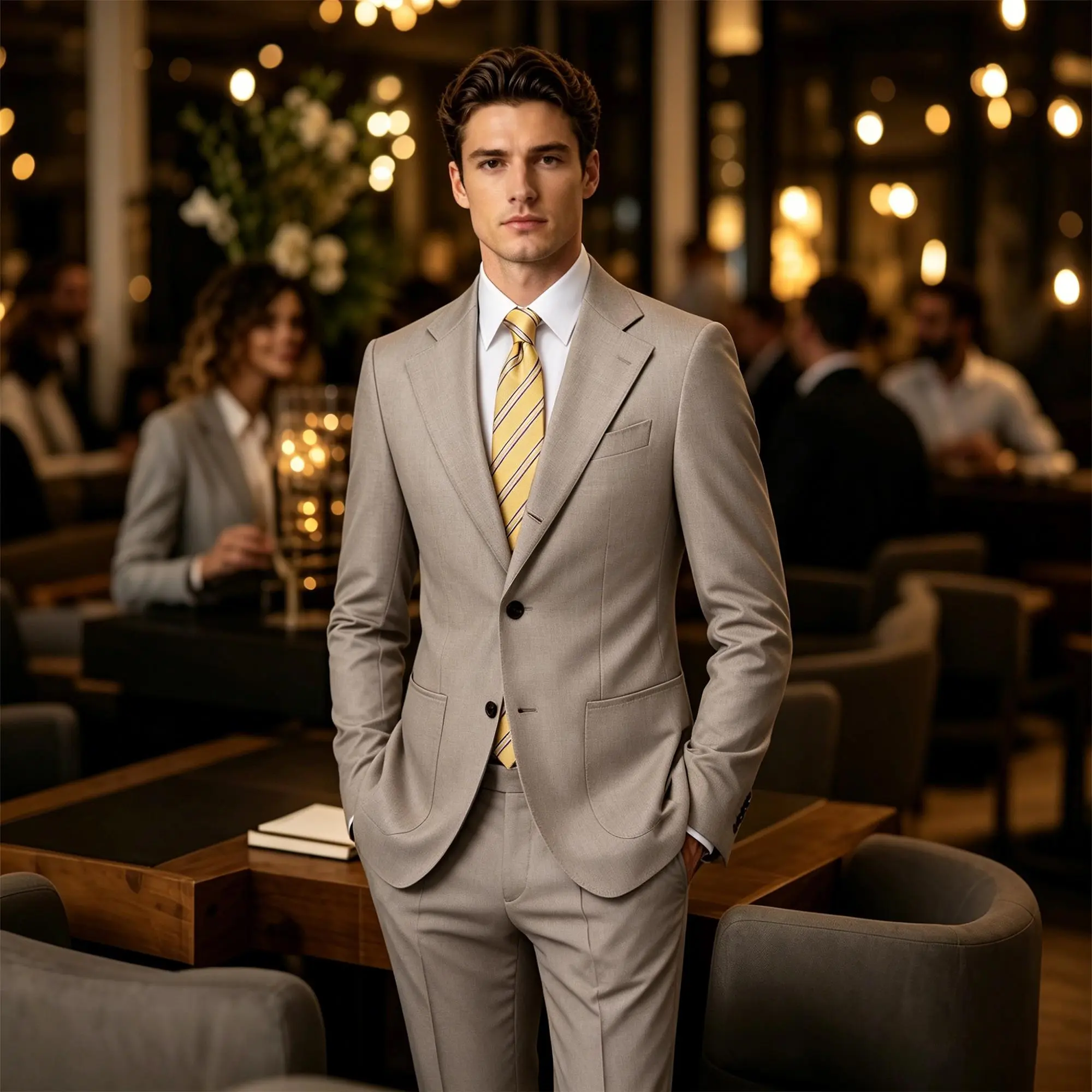 Men's Fashion 2-Piece Fitted Classic Slim Fit Long Sleeve Suit - Button-Front Neutral Tone Blazer and Trousers Set, Business Wear, 3 Colors Including Dark Brown
