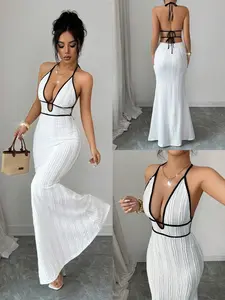 Women's Halter Neck Maxi Dress Contrast Trim Deep V Neck Backless Tie Up Mermaid Dress Chic Elegant Bodycon Party Wedding Guest Summer Outfit Trendy Slim Fit Long Dress for Cocktail Evening Beach Vacation Date Night