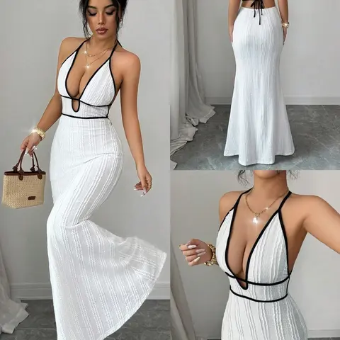 Women's Halter Neck Sleeveless Maxi Dress with Contrast Trim, Deep V Neck Backless Tie Up Mermaid Dress, Chic Elegant Trendy Bodycon Long Dress for Wedding Guest, Cocktail Parties, Summer Beach Vacation and Date Night, Cocktail Party Dress