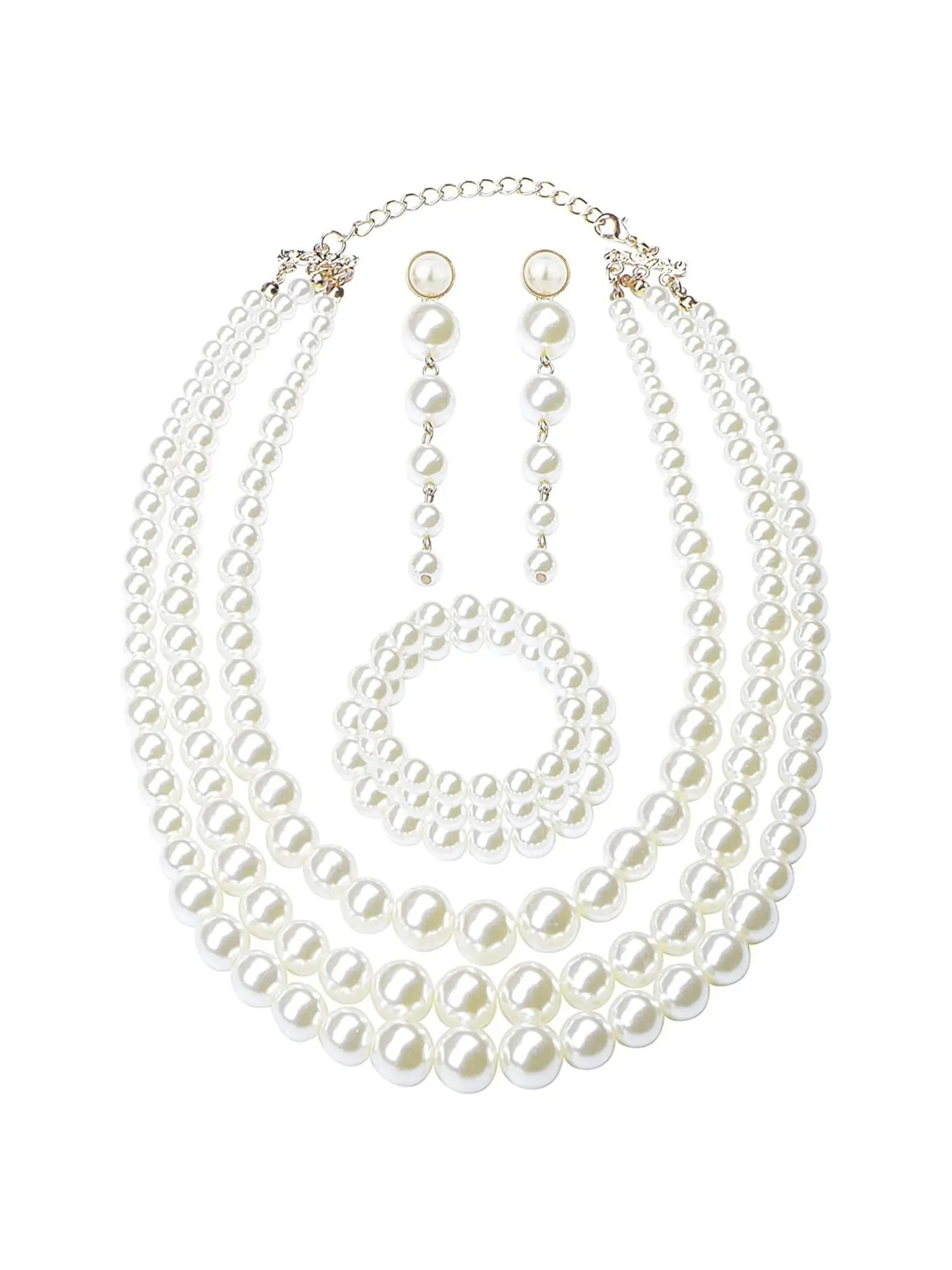 4 Pcs White Faux Pearl Jewelry Set, Bride Jewelry Set For Wedding Day, for Women Men Multi Layer Choker Bracelet Long Tassel Pearl Drop Studs Vintage Formal Bridesmaid Wedding Evening Jewelry Gift Bridal Wedding Party Pearl Accessory Kit