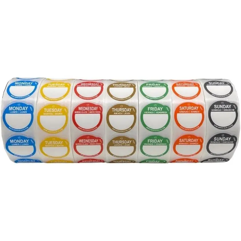 Removable Day Label - 1 inch - Peel Tab - Week (Mon-Sun) (7000 Stickers) - Food and Restaurant Day Dots - FIFO - Inventory Management Labels - Meal Prep Stickers - Gift Tags
