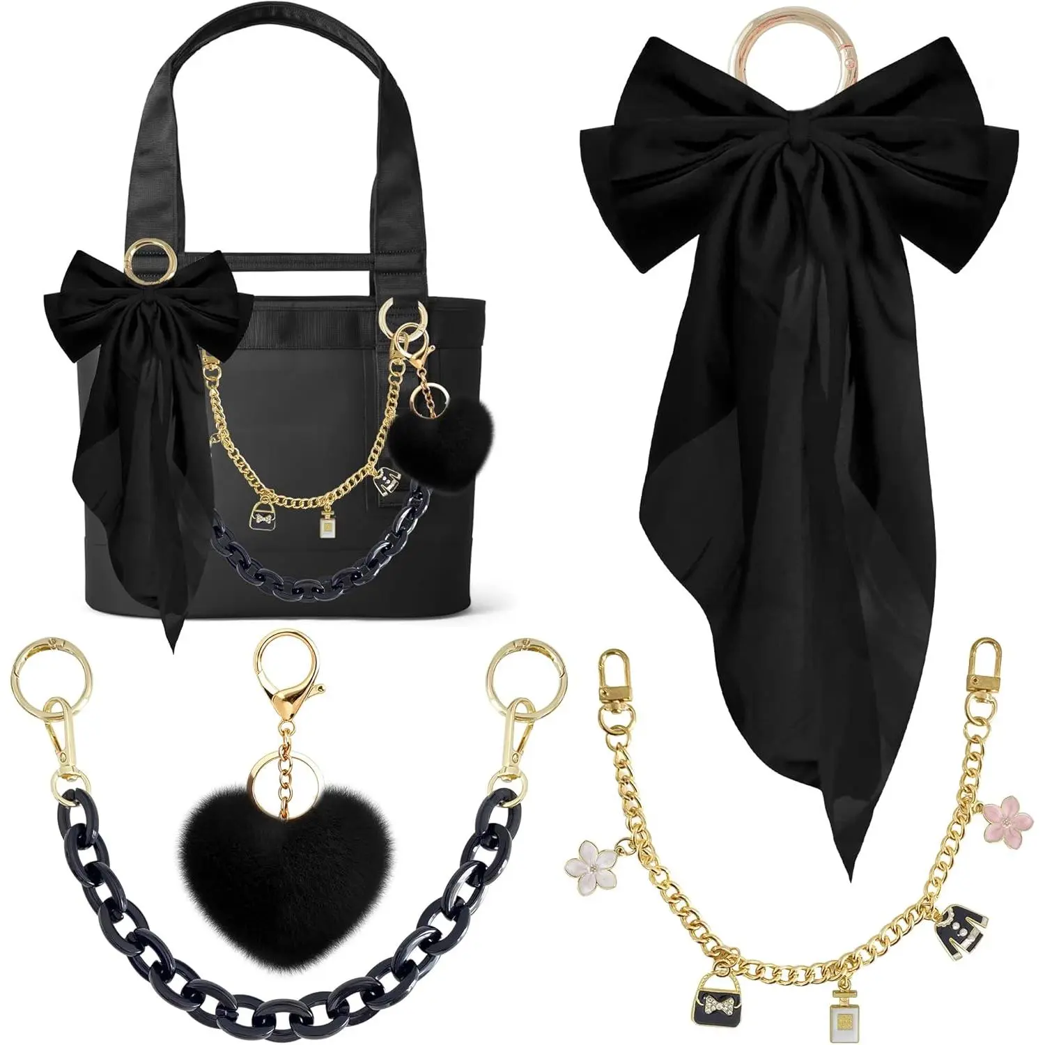 Xandova 4PCS Tote Bag Decor Kit, Bow Decorative Chain Charms, Pom Pom Accessories, Compatible with 20/35/50 Bogg Beach Tote Bags Accessories for Girls Women (Black)
