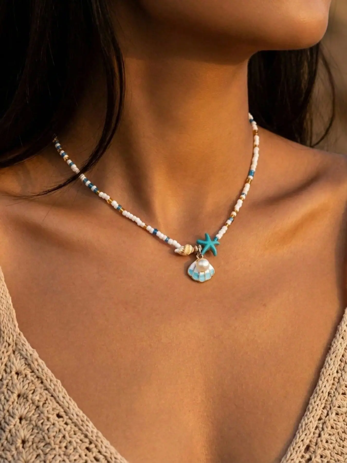 Bohemian Blue Conch Shell Necklace, Sea Star and Seashell Bead Strand, Unique Handmade Jewelry, Boho Style Jewelry, Perfect Gift for Her