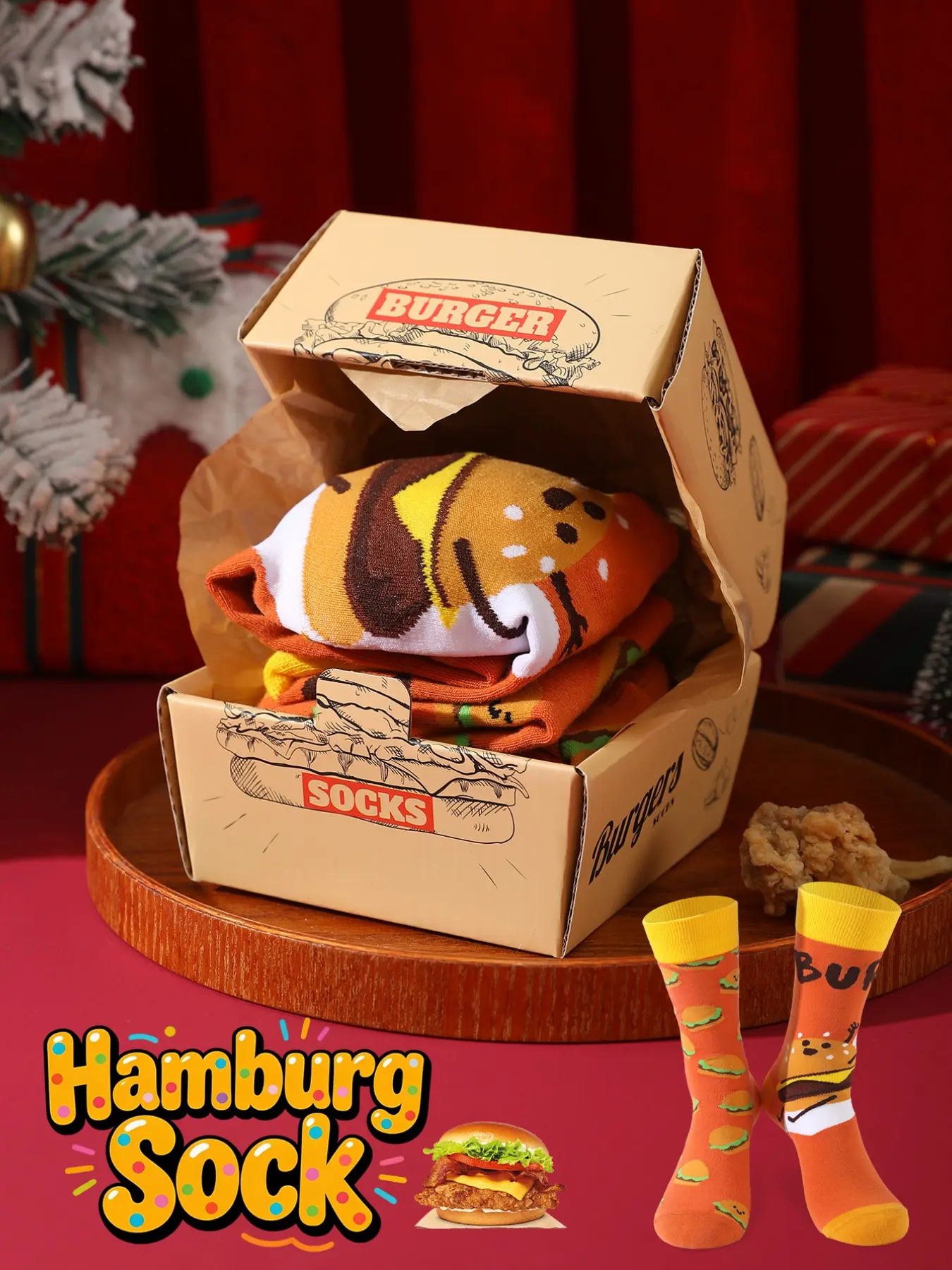 Creative Burger Theme Crew Socks, Unisex Gift Idea, Perfect for Holidays & Parties, Unique Design, Ideal for Daily Wear & Special Occasions