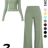 Women's 2-Piece Fitness Set, Fitness Outfits, Comfortable Long Sleeve Top & High-Waisted V-Back Yoga Pants, Casual Slim Fit, All Seasons