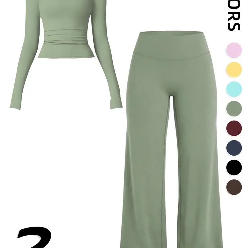 Women's 2-Piece Fitness Set, Fitness Outfits, Comfortable Long Sleeve Top & High-Waisted V-Back Yoga Pants, Casual Slim Fit, All Seasons