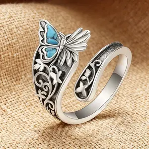 Fashionable Women's Open-end Ring, Vintage-style Butterfly Design Adjustable Ring - Inlaid with Natural Turquoise, for Daily Wear and Holiday Gifts