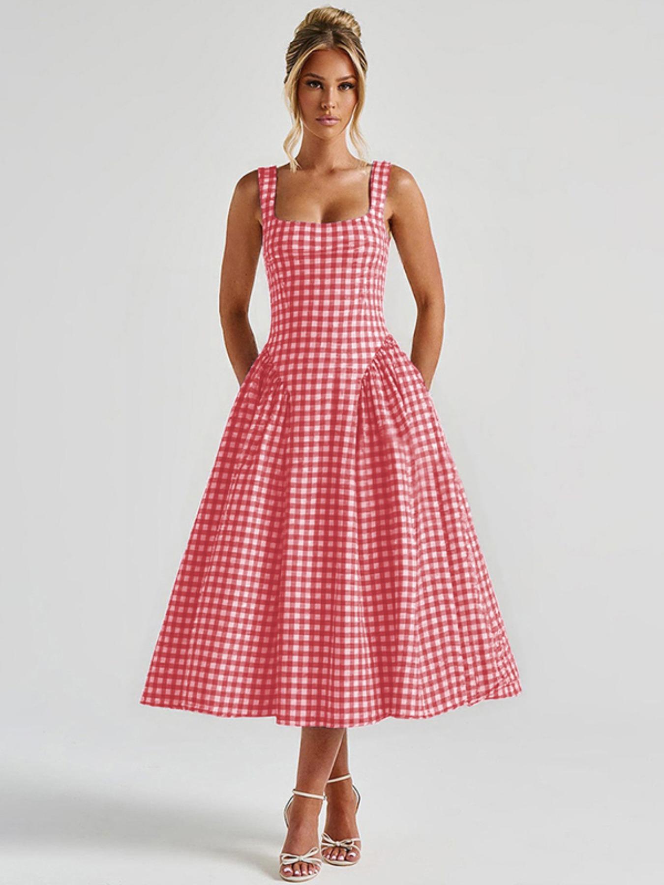 Women's Gingham Print  Square Neck Tank Dress, Chic Fashion Casual Sleeveless A Line Dress for Daily Outdoor Wear, Ladies Dress for Summer