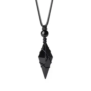 Black Obsidian Pendant Necklace - Natural Starry Blue Sand Octahedron Diamond Shape, Spiritual Pendulum Jewelry for Men Women Couple Gift