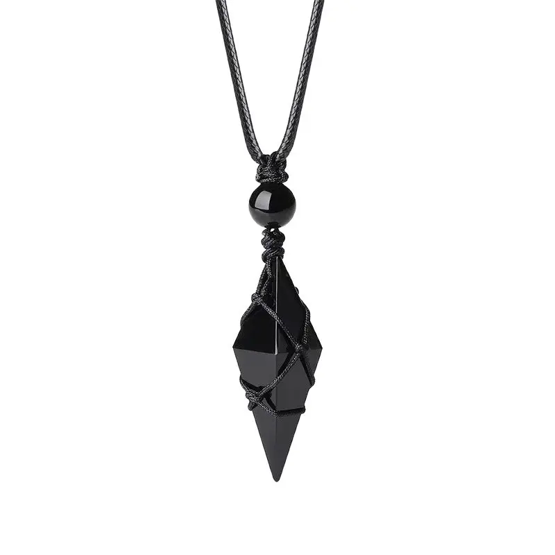 Natural Starry Blue Sand Black Obsidian Octahedron Diamond Pendant Necklace - Alloy Spiritual Wear, Unisex Accessory Necklace for Couple Gift, Leisure & Outdoor Spiritual Pendulum Jewelry