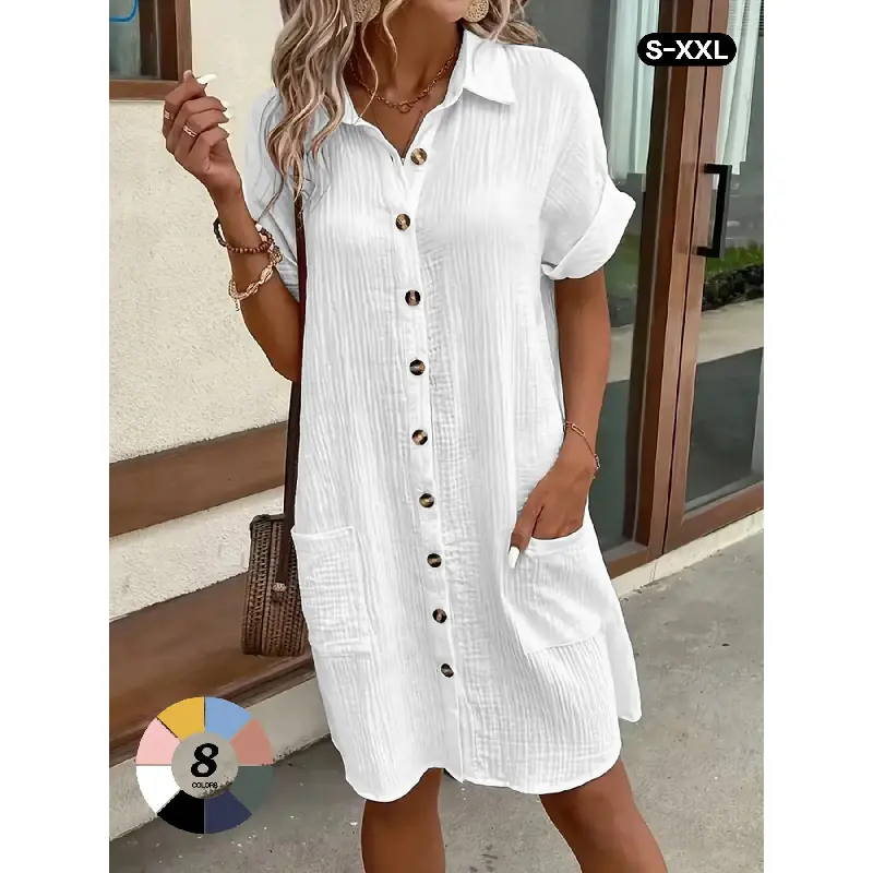 Women's Linen Short-Sleeve Button-Down Tunic Dress - Normal Type, Plain Solid, Lightweight Breathable Loose-Fitting Knee-Length Midi Dress with Pockets for Sports & Outdoor Activities