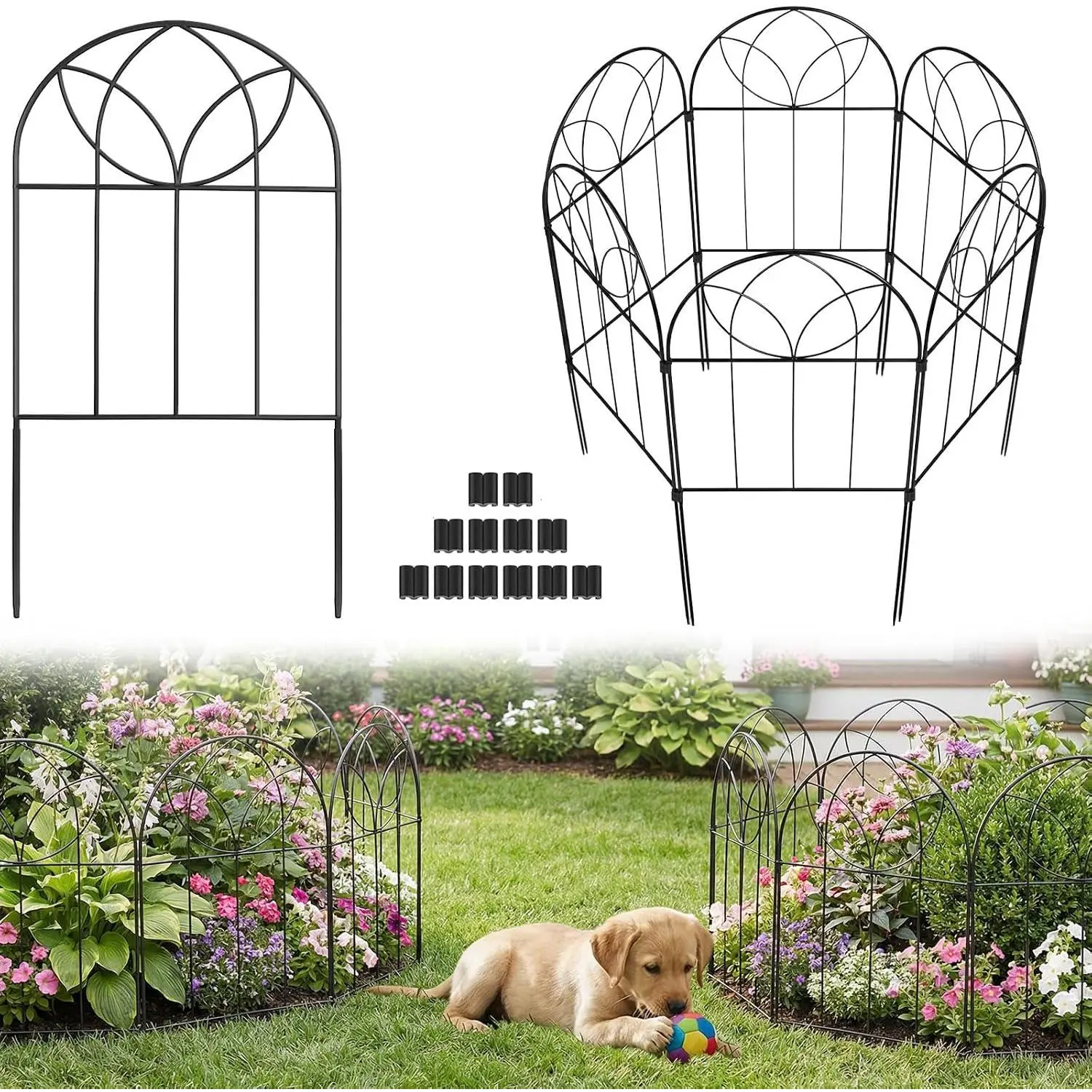 Small Garden Fence  Barrier, Decorative Garden Fence 24in(H) x 10ft(L), 10 count Rustproof Metal Fences Panel, Arch Black No Dig Fences,  and  Border Fencing for Flower Bed, Patio