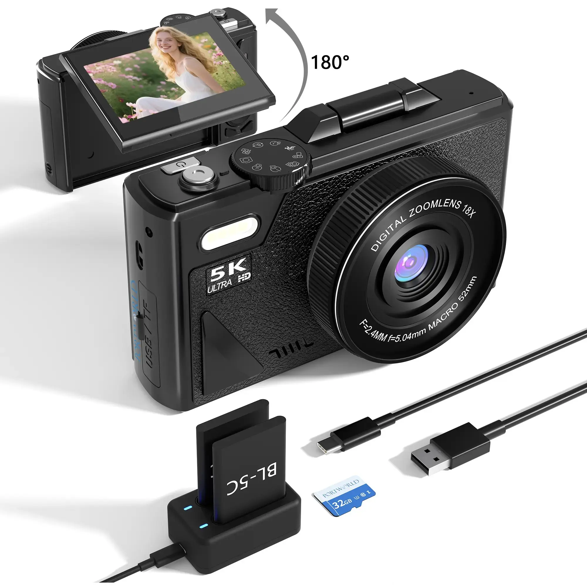 5k 75mp Digital Camera, Vlogging Camera with 3.0'' 180° Flip Screen, 18x Digital Zoom, Rechargeable Battery, 32GB TF Card Included