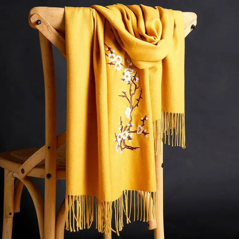 Imitation Cashmere Embroidered Scarf | Ethnic Style Tassel Shawl, New Cold-Proof Warm Solid Color Women'S Neck Warmer, Vintage Craftsmanship, Hand Wash or Professional Dry Clean, Autumn Winter