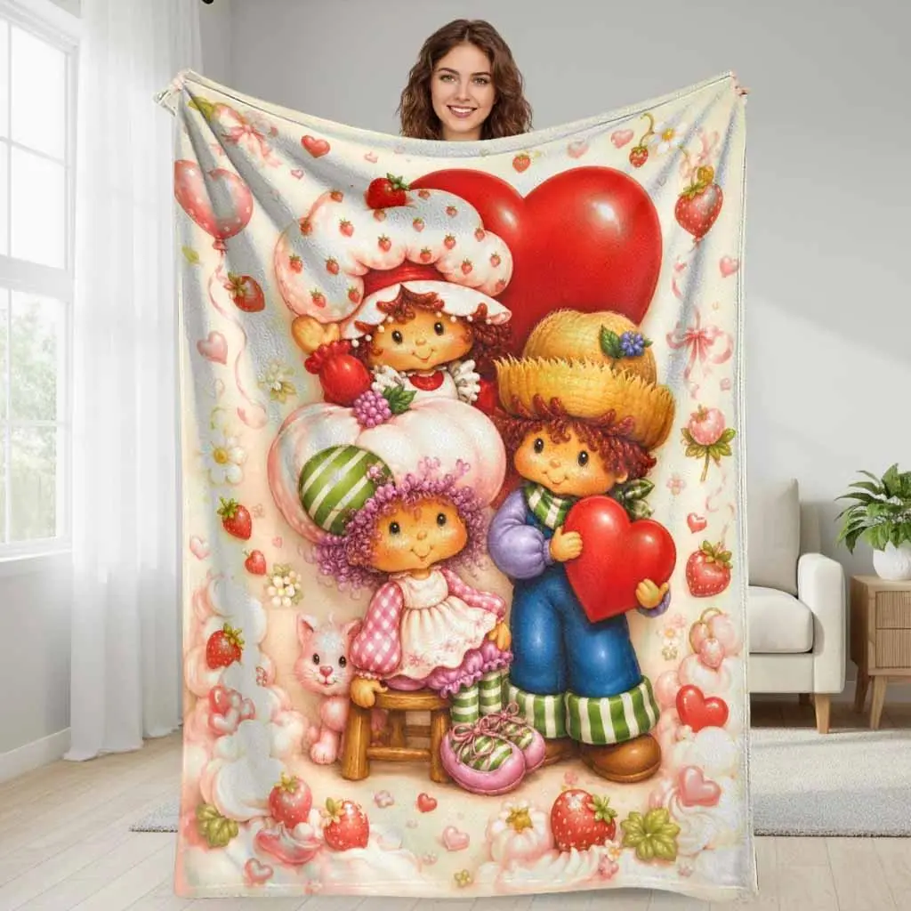 Strawberry Love Cartoon Flannel Baby Blanket Adult Blanket, Cute Couple & Sweet Heart Print Soft Cozy Warm Lightweight Throw Blanket for Bedroom Living Room Sofa, Perfect Valentine’s Day Birthday Holiday Housewarming Gift & Romantic Room Decor