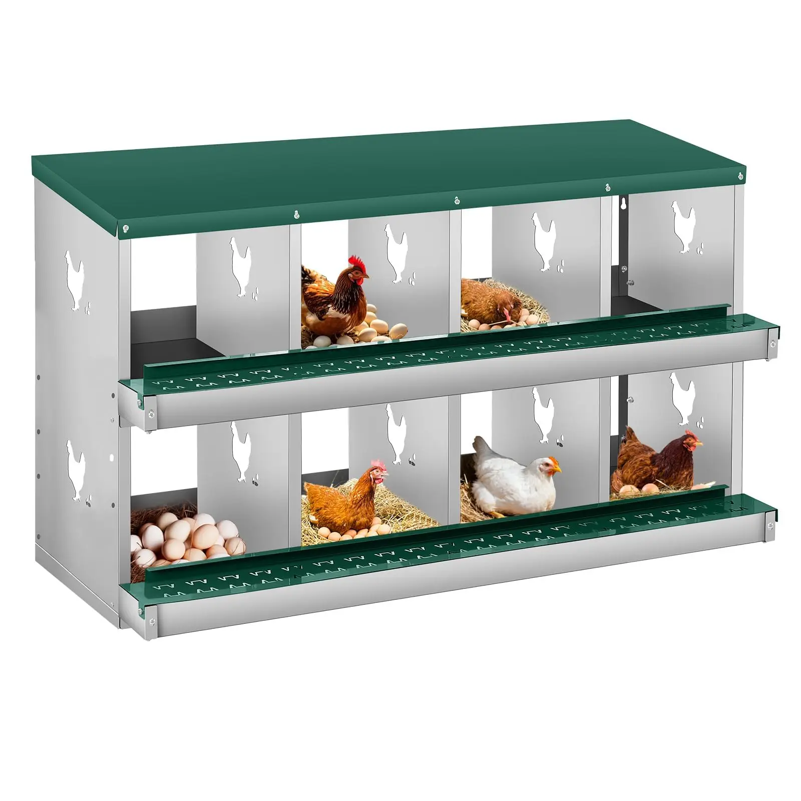 8 Compartment Chicken Nesting Box, Heavy Duty Galvanized Steel Poultry Nesting Boxes with 10 Laying Mats & 4 Fake Eggs, Wall-Mount or Ground Metal Laying Coop for Hens, Ducks, Geese
