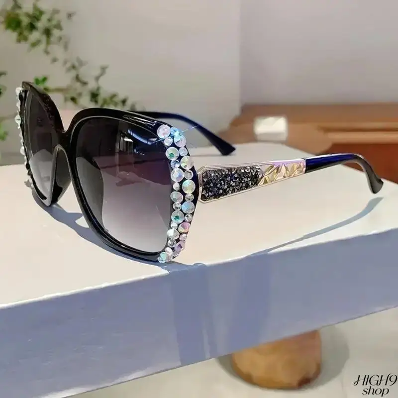 Trendy Oversized Semi-Rimless Eyewear For Women, Diamond-Inspired Frame Decorated With Sparkling Crystals, Gradient Polyamide Lenses With Blue Light Blocking Function, Crafted From Natural Material, Ideal Eye Protection Accessory For Street Shooting, Summ