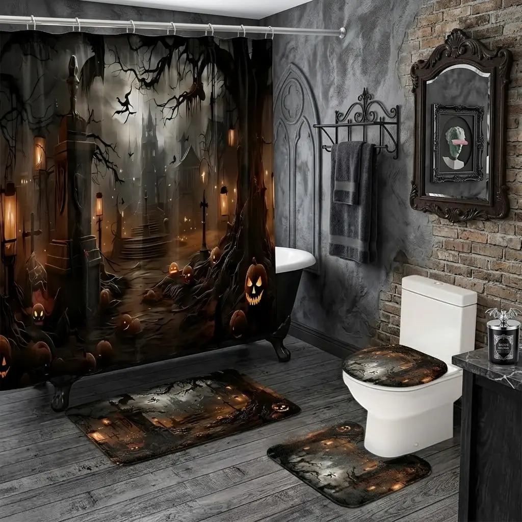 4pcs Spooky Graveyard Haunted Castle Jack-o'-Lantern Shower Curtain Set with Toilet Seat Cover & Bathroom Mats, The floor mat fabric is thicker and softer! Dark Horror Forest Pattern Bathroom Decor Kit for Halloween Home Bathroom Makeover
