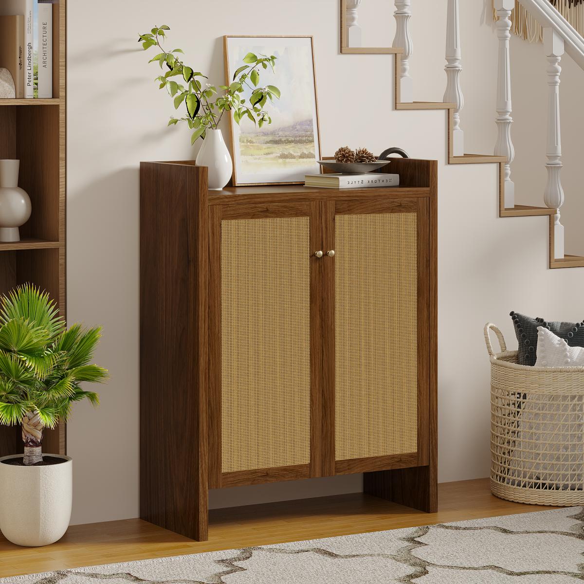 42.5" Tall Rattan Shoe Cabinet with Doors, 6-Tier Shoe Storage Cabinet with Adjustable Shelves, Wooden Freestanding Shoe Organizer Shoe Cabinet for Entryway,Hallway,Living Room (Walnut)