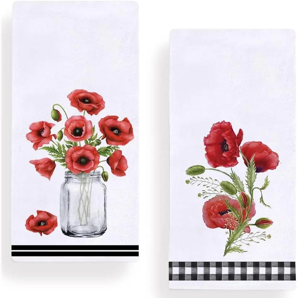 Watercolor Poppy Flower Kitchen Dish Towel 18 x 28 Inch Set of 2, Spring Summer Floral Tea Towels Dish Cloth for Cooking Baking