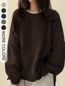 Women's Drop Shoulder Split Hem Loose Fit Baggy Sweater, Casual Basic Minimalist Long Sleeve Round Neck Jumper, Women's Knitwear Top for Fall & Winter, Sweaters for Women Womenswear
