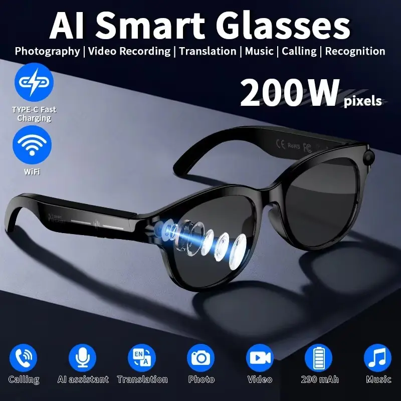 New AI Smart Glasses Sunglasses Smart Sunglasses With Camera 200W HD Camera 1080P Translation AI Voice Assistant LED Flashlight Music Playback Men Women Wearable Smart Glasses