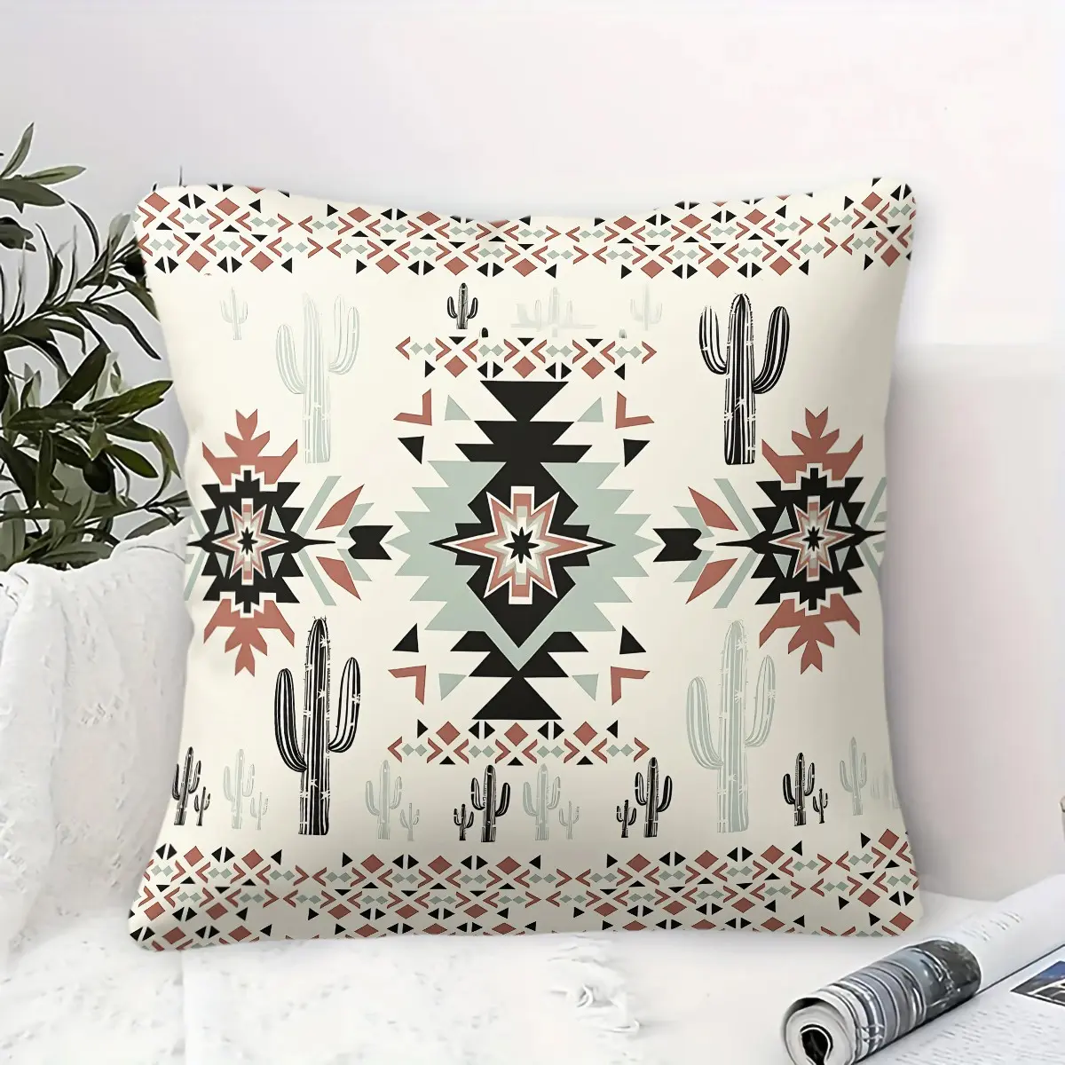 Southwestern Aztec Cactus Throw Pillow, Boho Geometric Cushion Accent Pillow, Includes Pillow Core, Soft Comfortable Home Decor Pillows for Sofa Bedroom Living Room, Perfect Gift for Western Home Decor Lovers