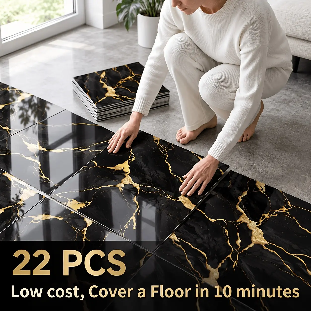 22-Piece Glossy Marble Floor Tiles, Self-Adhesive Waterproof Removable Vinyl, Luxury Design, White/black/blue, Easy Clean, Bathroom Kitchen Renovation
