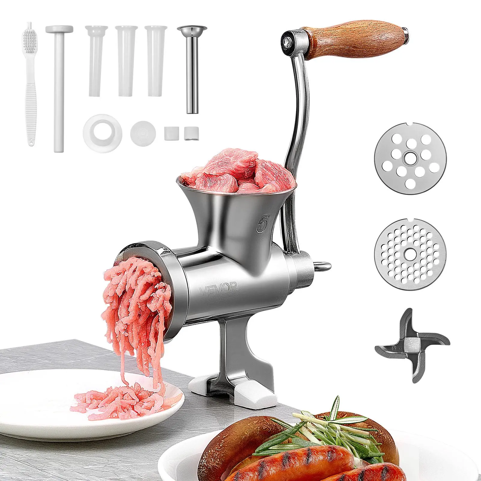 VEVOR Compact Manual Crank Meat Grinder, 304 Stainless Steel Mincer with Steel Table Clamp, Sausage Stuffer with 2 Cutting Plates & 4 Tubes for Beef, Chili, Pork Kitchen Tabletop Meat Grinding