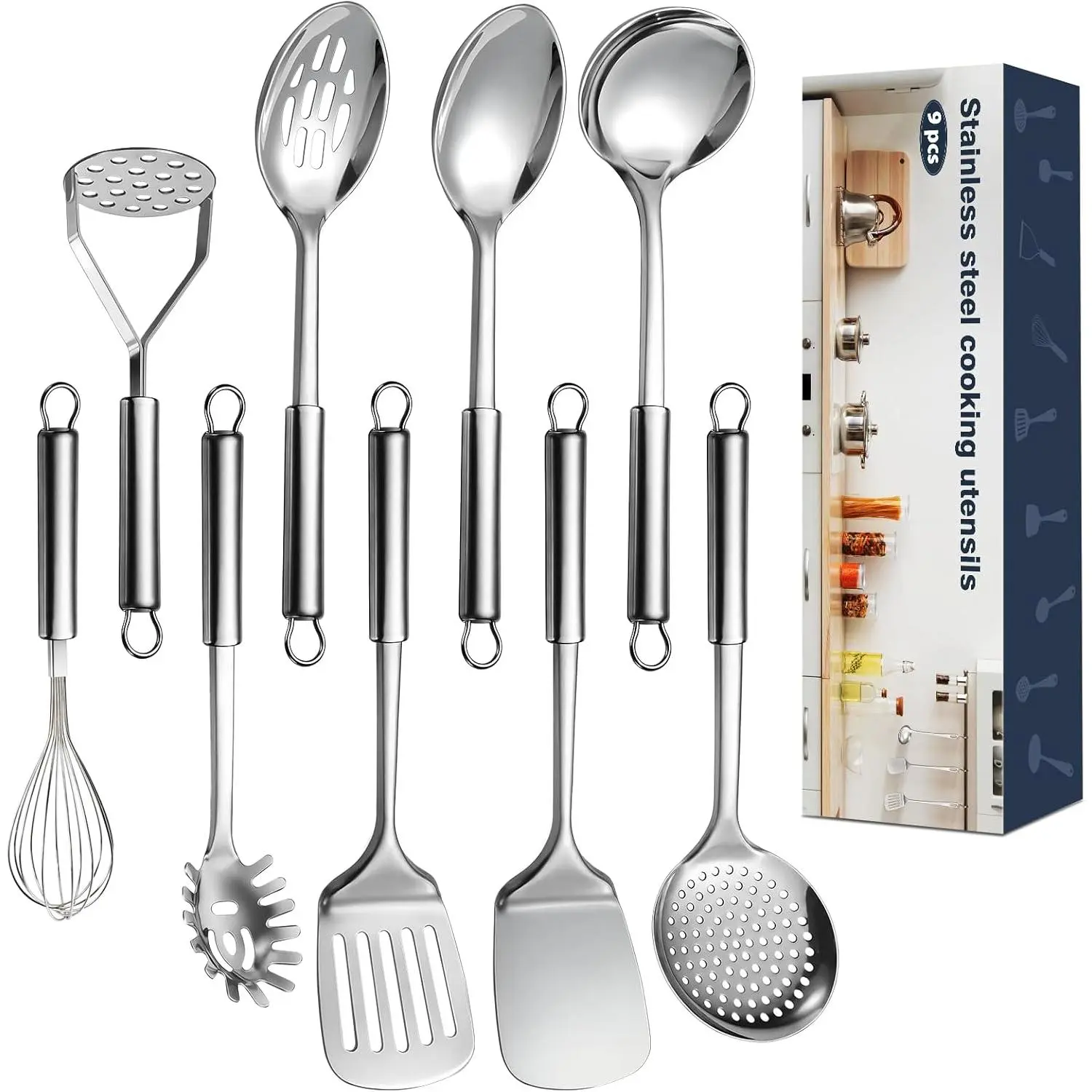 9 count Cooking Utensils Set, Stainless Steel Kitchen Utensils, Heat Resistant Metal Kitchen Tools Include Solid & Slotted Spatula, Serving Spoon, Ladle, Pasta Server, Maseher, Egg Whisk,