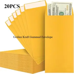 20PCS Golden Kraft Gummed Envelope, Versatile Retro Style, Glue Protected by Release Paper, Widely Used for Office Document, Bill & Letter Packaging