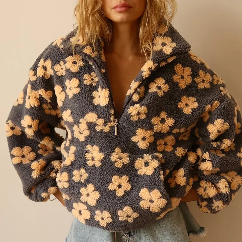 2026 Spring New Women Faux Shearling Printed Zip Up Hoodie, Loose Long Sleeve Teddy Fleece Jacket, Vintage All Over Print Oversized Casual Sweatshirt Top, Cozy Soft Plush Outerwear for Streetwear Daily Travel Outfits, Relaxed Fit Drop Shoulder Full Zipper