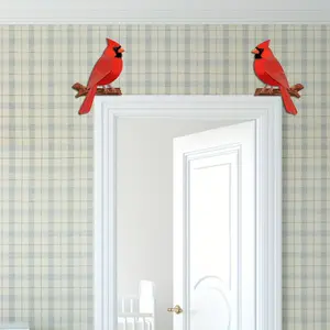 2D flat design, set of 2 red cardinal door frame corner ornaments, wooden lintel decorations with Northern cardinals perching on branches, hollowed wooden wall hangings featuring birds in spring cottage style, suitable for door frames, mirrors, cabinets a