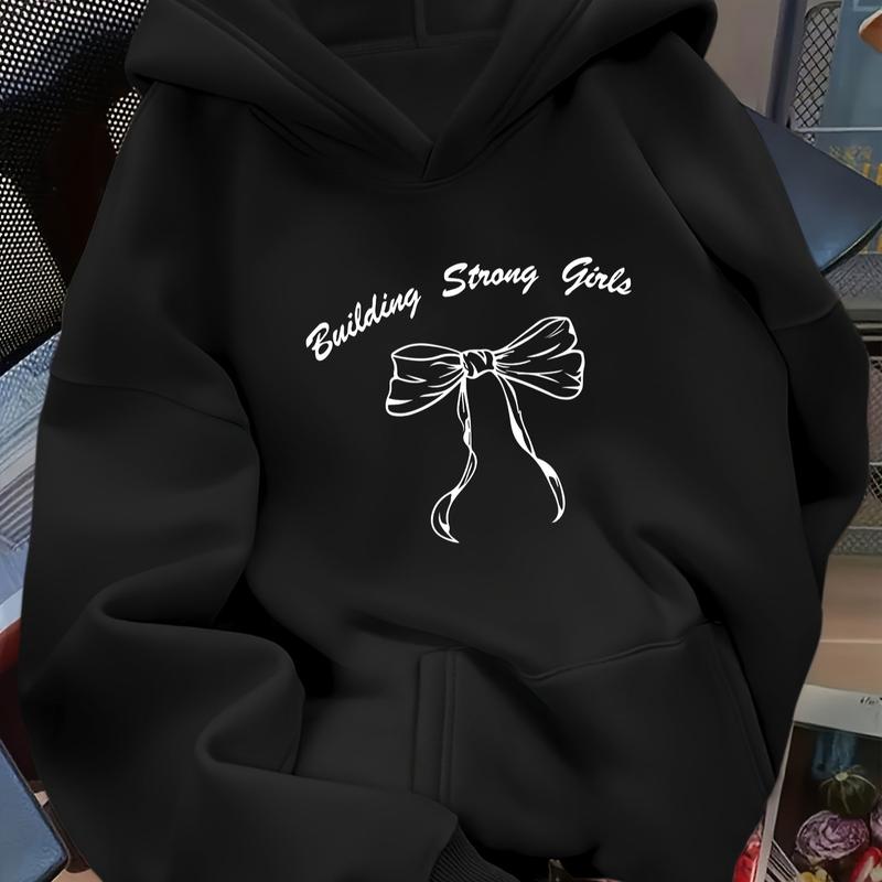 100% cotton hooded sweatshirt, stylish and versatile bow and letter print hooded sweatshirt