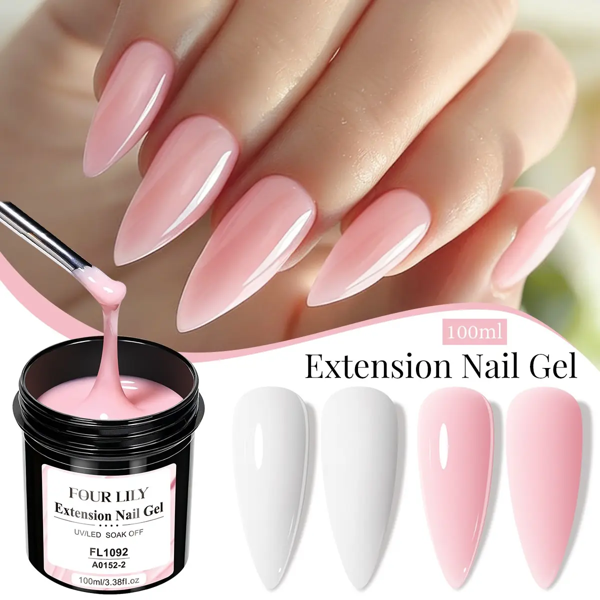 FOURLILY 100ml Quick Nail Extension Gel Nail, White Pink Builder Nail Gel, Acrylic Gel Nail Strengthen Gel Nail Art Manicure