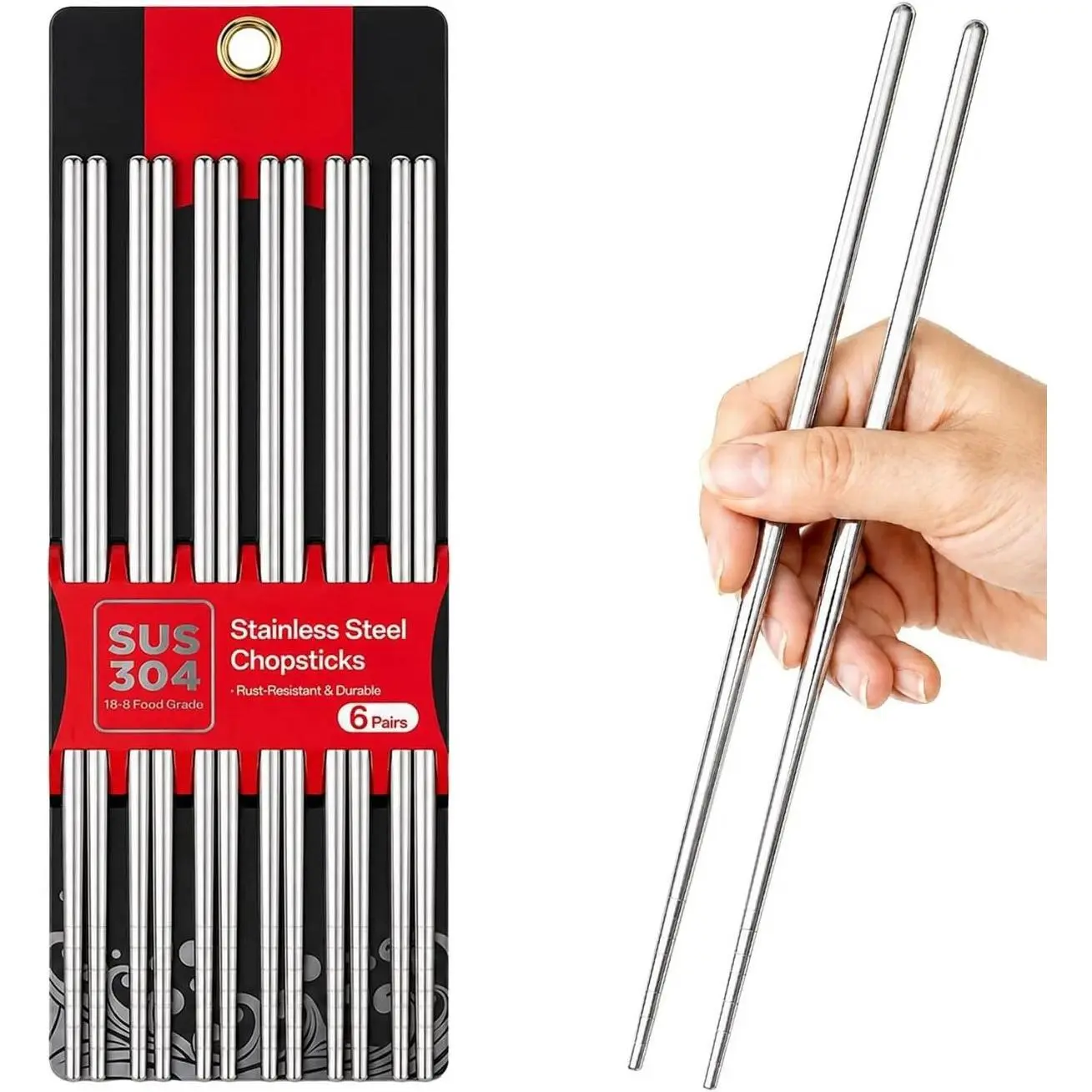6 Pairs Reusable 304 Stainless Steel Metal Chopsticks - Dishwasher Safe, Non-Slip, Lightweight Cutlery Tableware, Korean Japanese Chinese Gift Set (Silver)