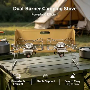 Foldable Double Burner Outdoor Gas Stove with Wind Shield Portable Camping Stove for Picnic Hiking