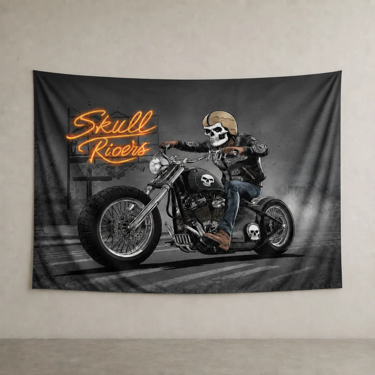 2D Flat Print Skull Motorcycle Rider Photo Backdrop, HD-Printed Polyester Party Decor Cloth, Soft Lightweight Foldable Event Setup Background for Studio Photography, Livestream, Skull Rider