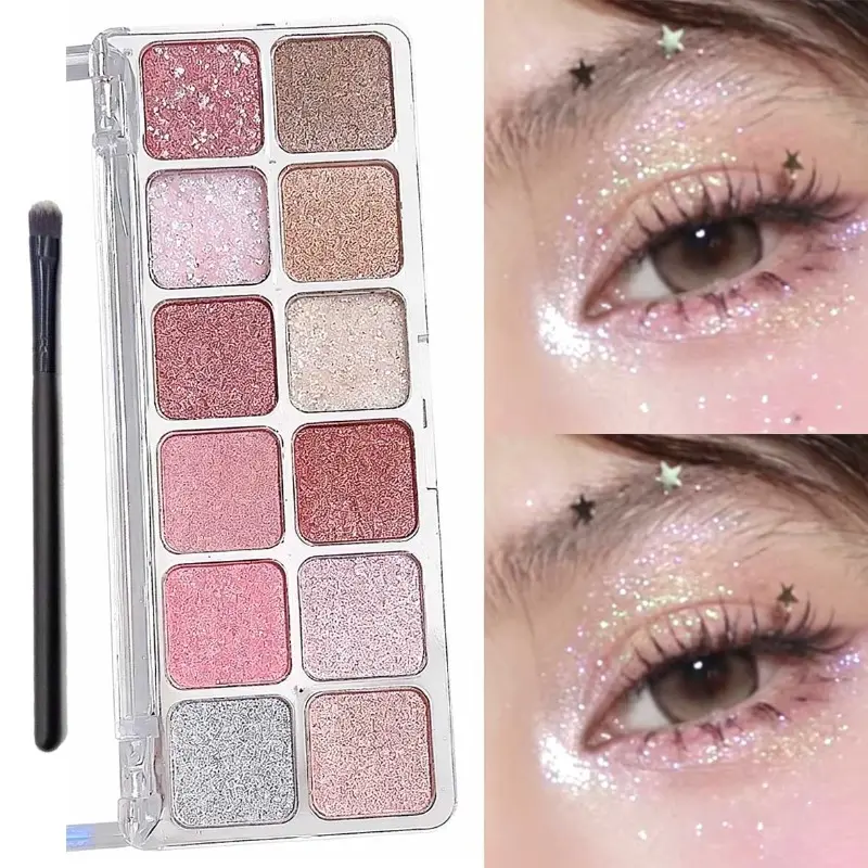 Multi Color Glitter Eyeshadow Palette with Makeup Brush, Shimmer Metallic Brown Coral Purple Eyeshadow, For Daily, Stage Performance & Contest Makeup