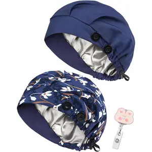 2 Pack Satin Lined Bouffant Scrub Caps with Buttons Adjustable Scrub Caps for Women Men